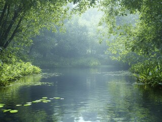 Sticker - A serene river surrounded by lush green foliage on a misty morning