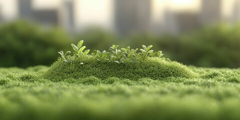 Poster - A small cluster of green plants emerging from a lush mossy landscape with a blurred cityscape in the background