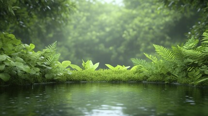 Sticker - A tranquil forest pond surrounded by lush greenery and vibrant foliage