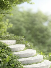 Poster - Stone steps gracefully ascend through a lush green garden.