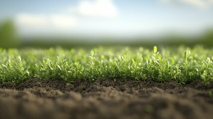 Poster - Young plants sprouting in a lush green field under a clear sunny sky