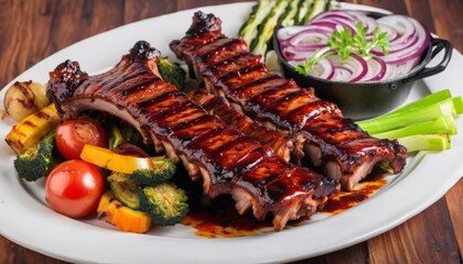 Wall Mural -  Delicious BBQ ribs with a colorful vegetable medley