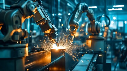 Wall Mural - a close up of a machine welding metal with sparks in a factory