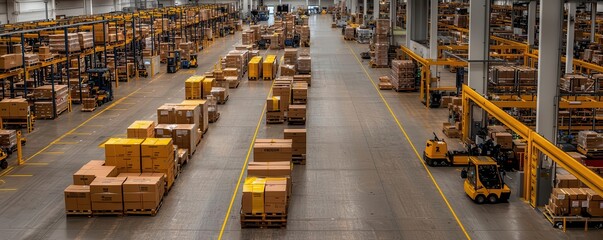 Busy distribution center with floating cost indicators for labor