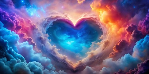 Wall Mural - Colorful heart surrounded by clouds in space, with blue and purple cloud below and red cloud above, heart, colorful, clouds