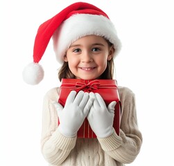 A smiling child wear Christmas costume holding a gift box