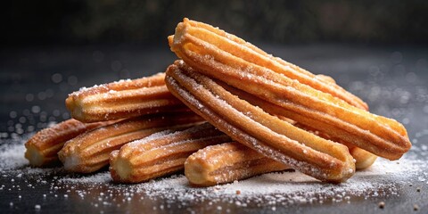 Pile of delicious churros covered in sugar, churros, dessert, Mexican food, fried, snack, treat, indulgent, sugary