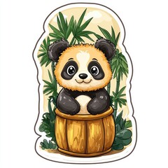 Poster - Cute Panda Bear Sitting in a Barrel Surrounded by Bamboo