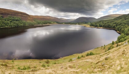 Wall Mural -  Tranquil lake nestled amidst lush hills under a dramatic sky