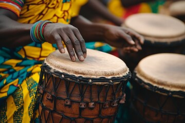 Wall Mural - Hands striking traditional African drums in a close-up shot, captured during a lively street festival