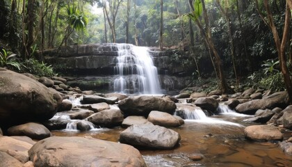 Wall Mural -  Natures serene beauty  A waterfall cascading through a rocky forest