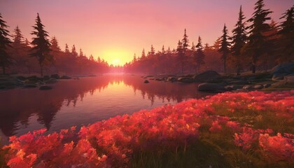 Wall Mural -  Peaceful lakeside sunset with vibrant flowers