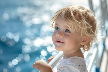 Wall Mural - On a sunny summer day, a blond little child is joyfully exploring expansive panoramic view from deck of a ferry, feeling gentle sea breeze and marveling at sparkling waves as ship glides through glis