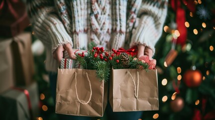 Wall Mural - Close-up of hands holding shopping bags filled with holiday gifts. 