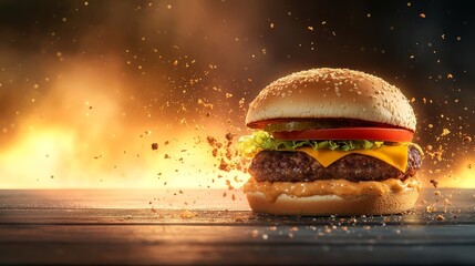 Wall Mural - Delicious Cheeseburger with Sesame Seed Bun on Wooden Table