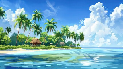 Wall Mural - Illustration of a tropical island resort with palm trees and clear blue water. 