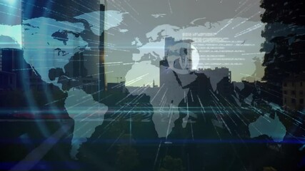 Poster - World map and digital interface animation over cityscape at sunset