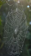 a close up of a spider web with water droplets on it