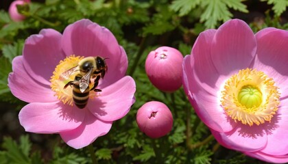 Wall Mural -  Beeautiful interaction  A bee visits a vibrant pink flower