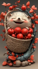 Wall Mural - Cute Hedgehog with Apples in a Basket