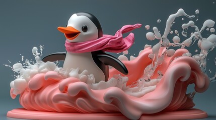 Poster - Happy Penguin Surfs a Pink Wave