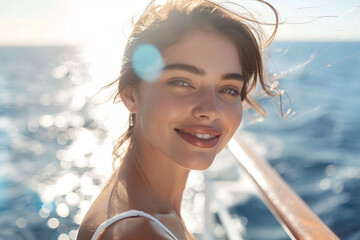 Wall Mural - On a sunny summer morning, Caucasian brunette woman stood on deck of cruise ship, her eyes wide with wonder as she took in panoramic view of sparkling sea, feeling warm breeze on her skin and revelin