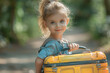 © ChristinaPhoto - On a bright and sunny summer morning, a young girl with a vibrant yellow suitcase, her eyes filled with excitement and anticipation, sets off on her journey, her wide-angle view encompassing endless