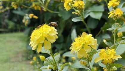 Wall Mural -  Buzzing bee visiting vibrant yellow flowers