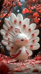 Poster - Cute Cartoon Peacock Bird Character in a Floral Garden