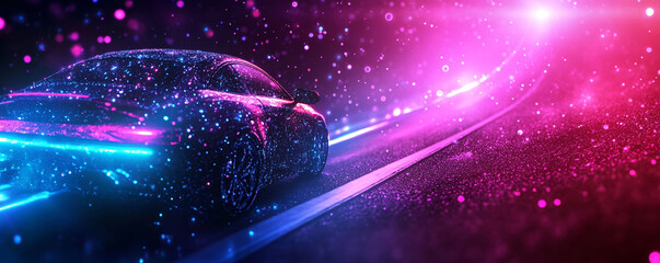 Poster - A futuristic car speeding through a vibrant, glowing landscape filled