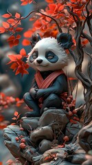 Poster - Cute Panda Bear Sitting on a Rock in a Forest