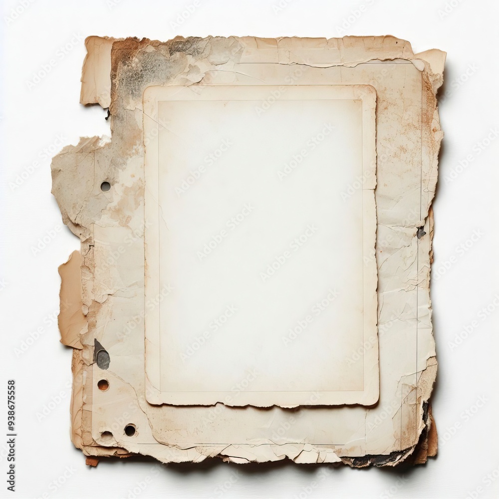 An empty, aged paper frame surrounded by layers of torn, textured paper ...