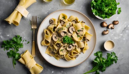 Wall Mural -  Delicious pasta dish with mushrooms and fresh herbs ready to be savored