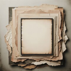 An empty, aged paper frame surrounded by layers of torn, textured paper with rough edges, in a grunge style. The paper layers are weathered, with visible creases and faded colors, creating a rustic an