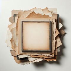 An empty, aged paper frame surrounded by layers of torn, textured paper with rough edges, in a grunge style. The paper layers are weathered, with visible creases and faded colors, creating a rustic an