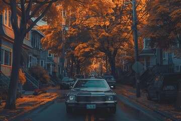 Cars driving on a city street lined with autumn trees, wheels turning, license plates visible. The sunlight casts a golden glow, signaling fall travel vibes.