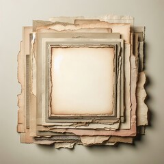 An empty, aged paper frame surrounded by layers of torn, textured paper with rough edges, in a grunge style. The paper layers are weathered, with visible creases and faded colors, creating a rustic an