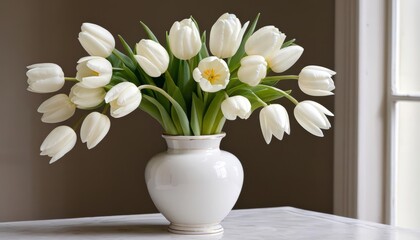 Wall Mural -  Elegance in bloom  A bouquet of white tulips in a classic vase