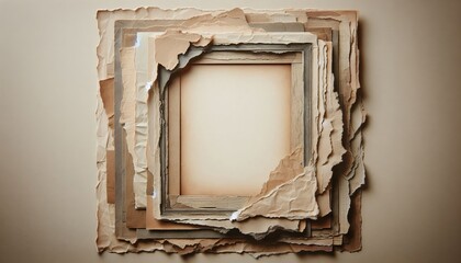 An empty, aged paper frame surrounded by layers of torn, textured paper with rough edges, in a grunge style. The paper layers are weathered, with visible creases and faded colors, creating a rustic an