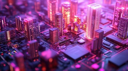 Futuristic Cityscape on Circuit Board   Digital Technology Concept