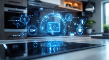 Smart Home Technology Concept with Tablet and Holographic Icons