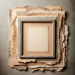 An empty, aged paper frame surrounded by layers of torn, textured paper with rough edges, in a grunge style. The paper layers are weathered, with visible creases and faded colors, creating a rustic an