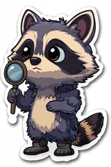 Poster - Cute Raccoon with Magnifying Glass Cartoon Illustration