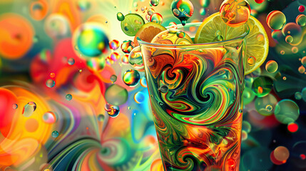 Psychedelic swirls of vibrant colors in a cocktail glass, capturing a fusion of fantasy and refreshment 