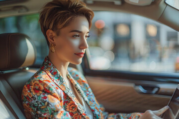 Wall Mural - On a sunny summer morning, a vibrant and confident corporate businesswoman with short hair and a colorful business suit is seen through a wide-angle view, skillfully remote working with her laptop in