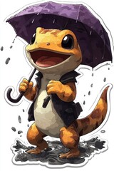 Canvas Print - Cute Cartoon Lizard Holding Umbrella In Rain