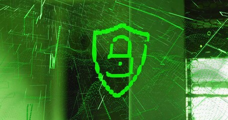 Poster - Lock and shield symbolizing cybersecurity over digital network animation