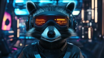 Futuristic Raccoon Pilot Wearing Goggles and Headphones