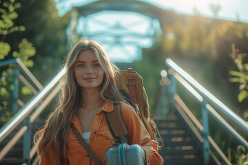 Wall Mural - On a sunny summer morning, girl traveler, with a determined look on her face, ascends high stairs with her heavy suitcase, her vibrant spirit shining through as she conquers challenge, panoramic view