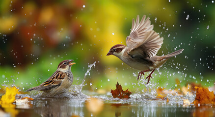 Wall Mural - two birds, one with its wings spread wide and the other diving into the water to catch fish in an autumn pond